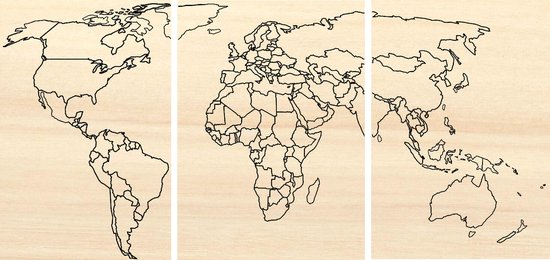 Wereldkaart gebrand op populieren hout 3vlakken