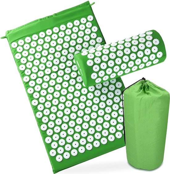 Foto: Sayona spijkermat met kussen anti nekpijn rugpijn stress ontspanning acupressure acupressuur spijker suki yoga massage mat groen wit 68cm x 42cm