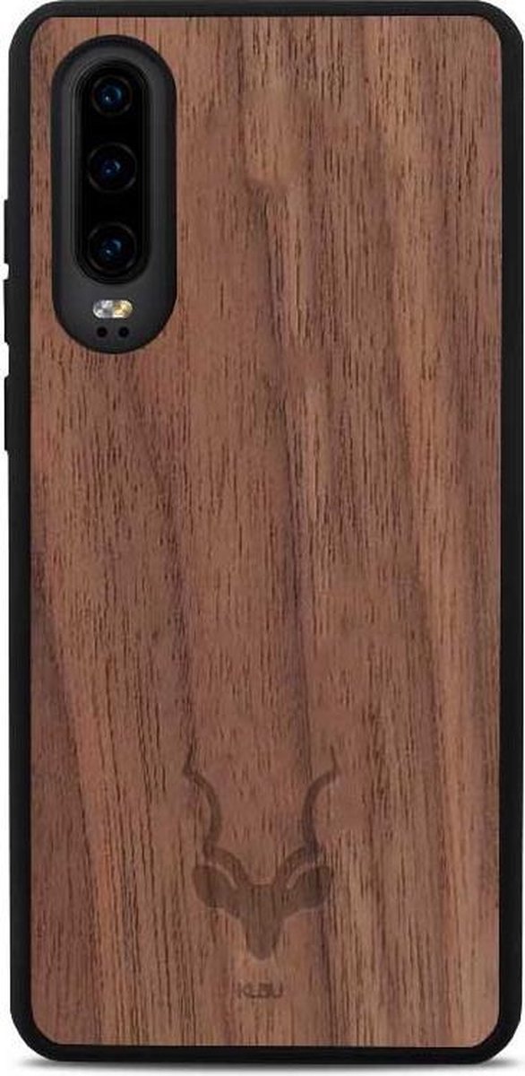 Kudu Huawei P30 hoesje case - Houten backcover - Handgemaakt en afgewerkt met duurzaam TPU - Walnoot - Zwart