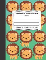 Composition Notebook Lions: Zoo / Wild / Farm Animals Book Cover Green Color 7.44''x9.69'' 110 Pages Extra Wide Ruled Paper School Supplies