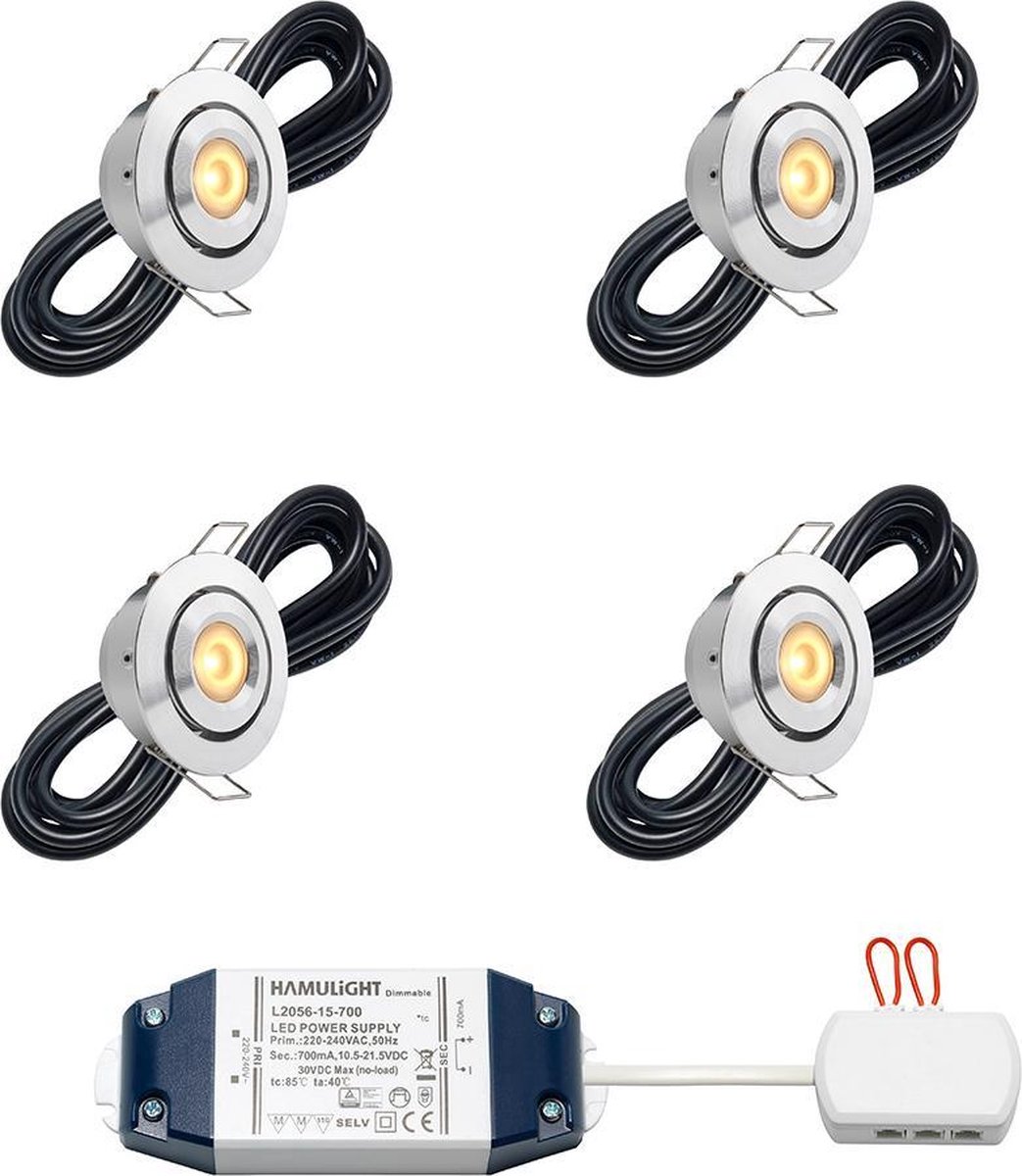 LED inbouwspot Toledo bas inclusief trafo - inbouwspots / downlights / plafondspots / led spot / 3W / dimbaar / warm wit / rond / 230V / IP44 / Kantelbaar - set van 4 stuks