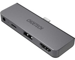 Choetech – Aansluitende 4 in 1 USB-C hub naar USB-C PD, USB-A, HDMI en 3.5mm audio jack – sky grey