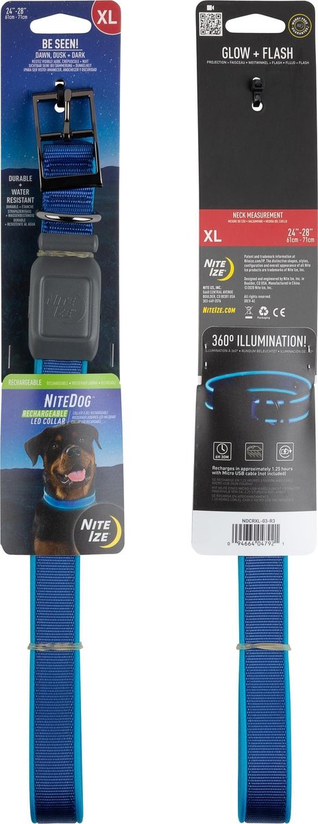 Nite Ize NITEDOG Herlaadbare Led halsband voor een Hond Blauw Extra Large 24" - 28" | 61cm - 71cm