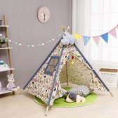 Speeltent Tipi Tent voor Jongens en Meisjes - Speelhuis Wigwam voor Kinderen met Wolk Kussen en Vlaggetjes – 135x110 cm - Beige Grijs