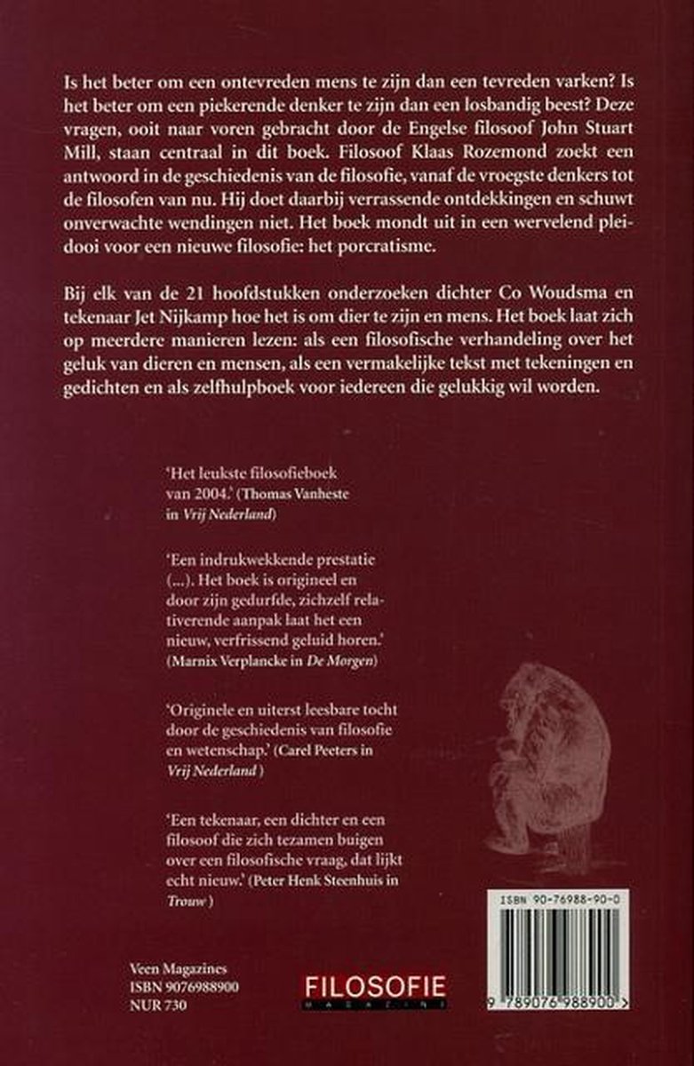 Achterkant van het boek "Filosofie voor de zwijnen", met tekst en een afbeelding van een zittend figuur.