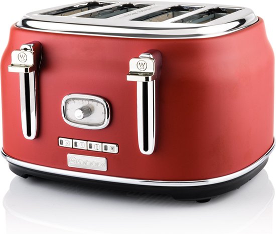 Westinghouse Retro Broodrooster - 4 Slice Toaster - Rood - Met Warmhoudrek  | bol.com
