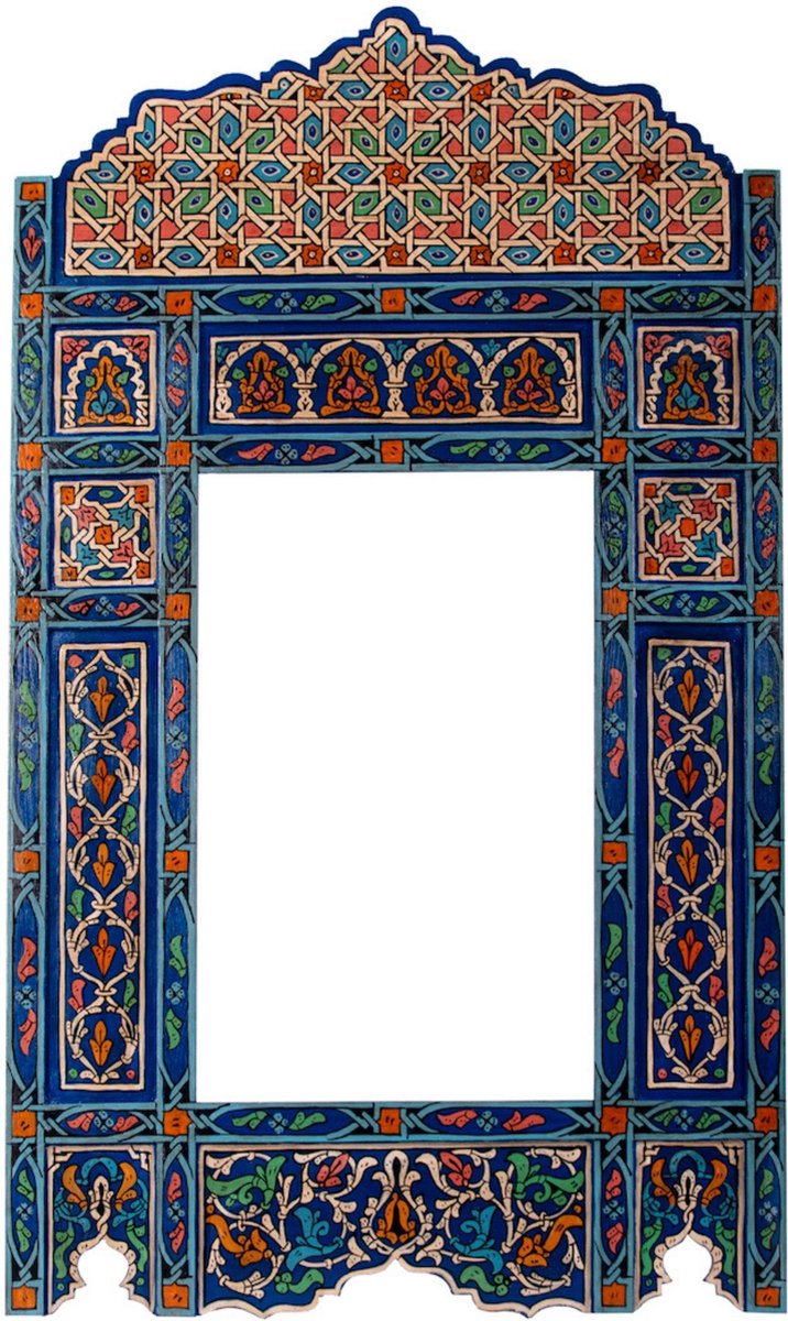 Handgeschilderd houten spiegel frame - 116 x 68 cm - Handgemaakt - Zouak Arabische, bohemian stijl - blauw vintage look M24