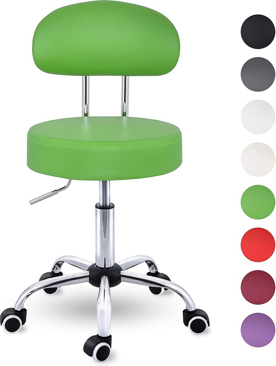 TRESKO® Rolkruk met leuning groen | Werkkruk in hoogte verstelbaar 47-60 cm | Draaikruk met wieltjes | Bureaustoel kruk draaistoel visagiekruk