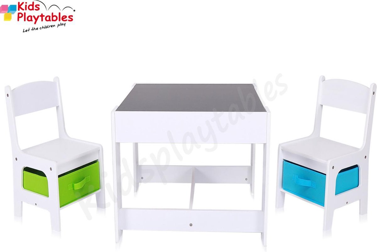 Kindertafel en stoeltjes met krijtbord - Kindertafel met stoeltjes van hout - kleur wit - kindertafel met opbergruimte - Kleurtafel - speeltafel / knutseltafel / tekentafel / zitgroep set - kinderzetel - stoel kind