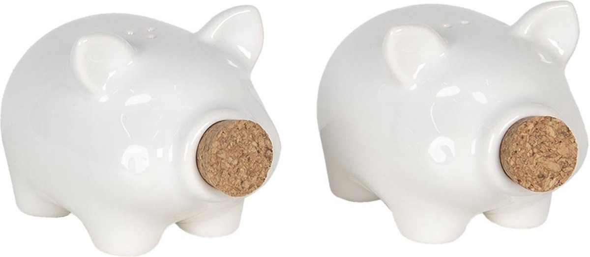 Clayre & Eef Peper en Zoutstel Set van 2 Varken 10x7x7 cm Wit Keramiek Zout en Peper
