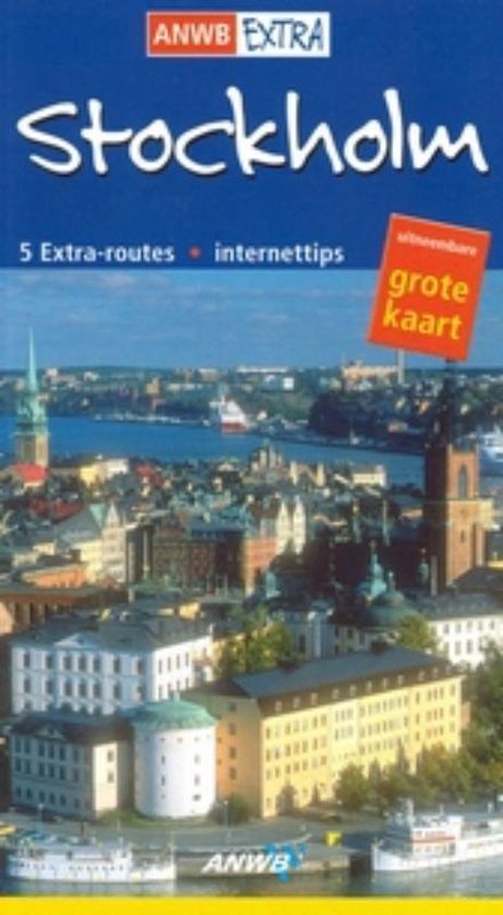 Voorzijde van een ANWB Extra reisgids voor Stockholm met een luchtfoto van de stad.