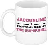 Naam cadeau Jacqueline - The woman, The myth the supergirl koffie mok / beker 300 ml - naam/namen mokken - Cadeau voor o.a verjaardag/ moederdag/ pensioen/ geslaagd/ bedankt