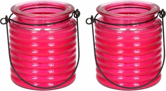 4x Citronellakaarsen in roze geribbeld glas 7,5 cm - Insecten verjagen - Geurkaarsen