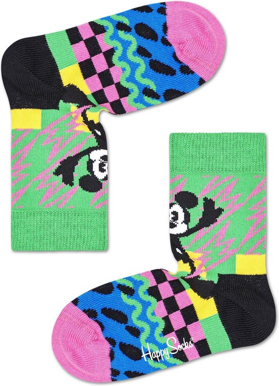 Happy Socks met Mickey Mouse motieven: groen met roze bliksem, blauw met roze ruiten, en geel met witte stippen.