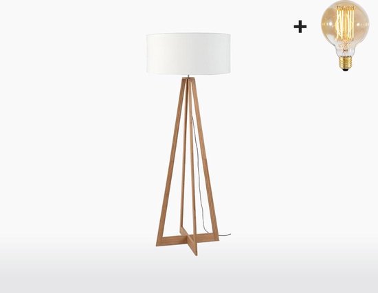 Vloerlamp – EVEREST – Bamboe Voetstuk - Wit Linnen - Met LED-lamp