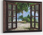 Schilderij - 100x75cm -Doorkijk op tropisch eiland - Raam schilderij - Canvas schilderij