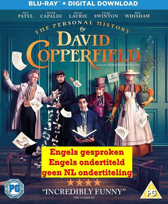 The Personal History of David Copperfield Blu-ray hoes met Dev Patel in het midden, omringd door acteurs. Met de tekst "Engels gesproken, Engels ondertiteld, geen NL ondertiteling".