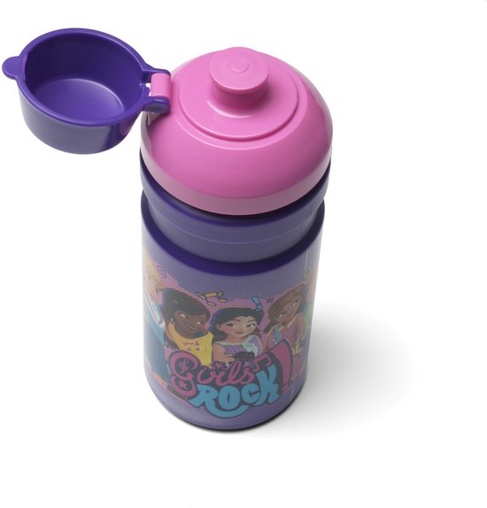 Gourde violette avec illustration LEGO Friends, couvercle violet ouvert et bouchon rose.