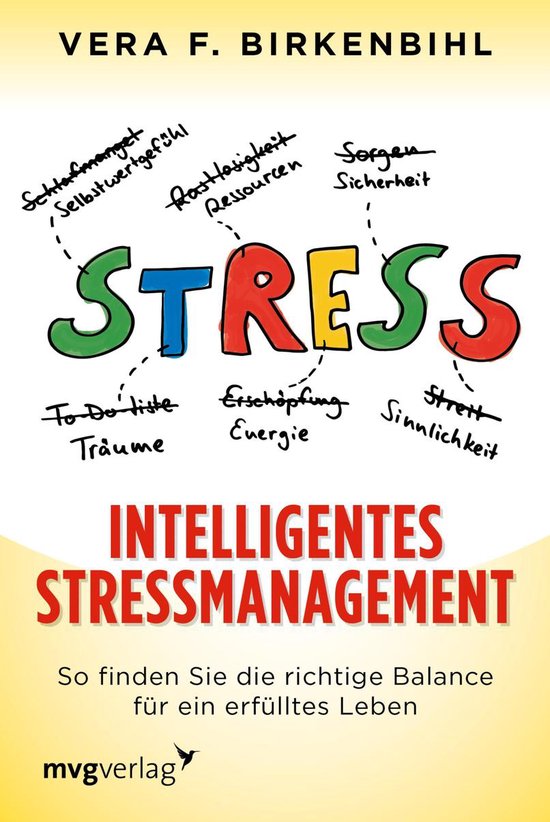 Boekomslag met de titel "Intelligentes Stressmanagement" door VERA F. BIRKENBIHL. Het woord "STRESS" staat centraal, omringd door handgeschreven termen zoals "Schlafmangel", "Selbstwertgefühl" en "Sorgen".