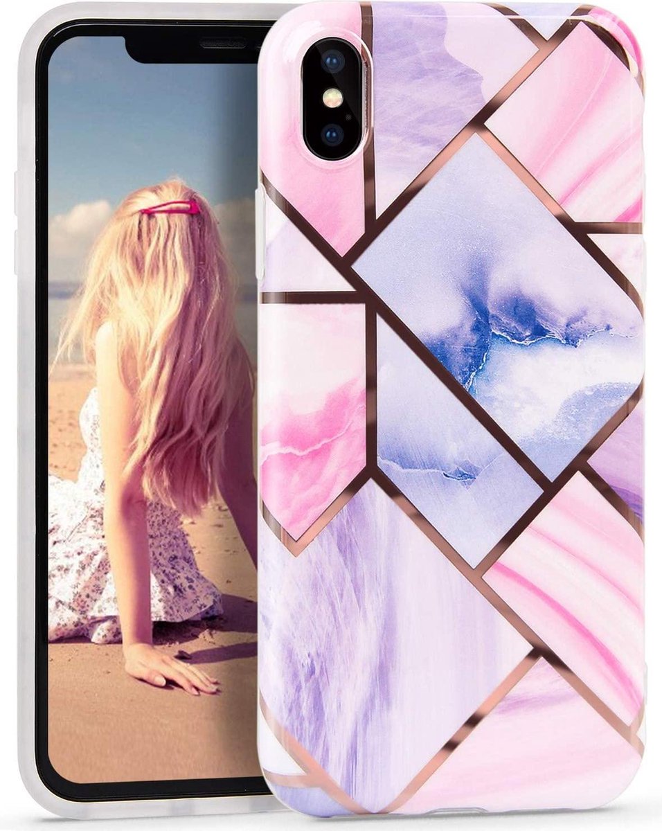 Geschikt voor Apple iPhone X - XS - Paars / Roze - Marmer - Soft TPU