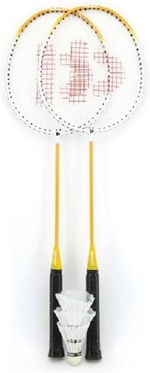 Donnay badminton set - 2 racket (geel/wit/zwart) + 3 shuttles en bewaartas