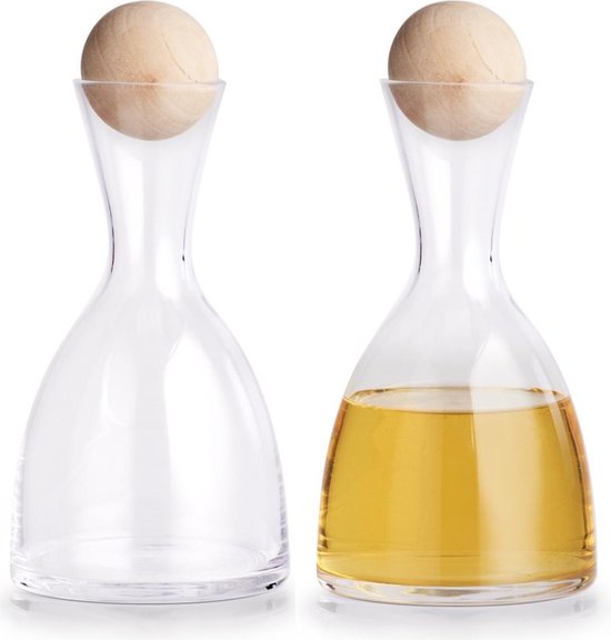 2x Luxe glazen karaffen met houten bol/bal dop 750 ml - Zeller - Keukenbenodigdheden - Tafel dekken - Koude dranken serveren - Karaffen/schenkkannen met dop