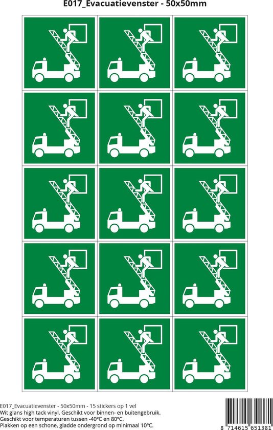 Pictogram sticker E017 Evacuatievenster - 50x50mm 15 stickers op 1 vel