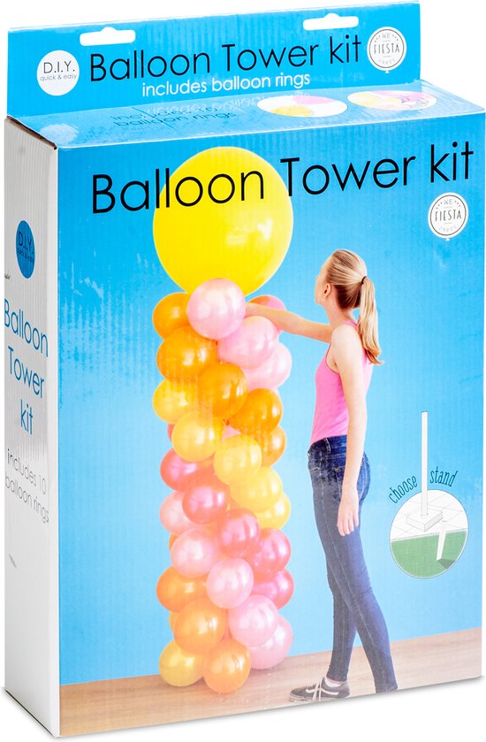 Doos van 'Balloon Tower kit' met oranje en roze ballonnen opgebouwd op een standaard, met een meisje dat een ballon aanraakt.
