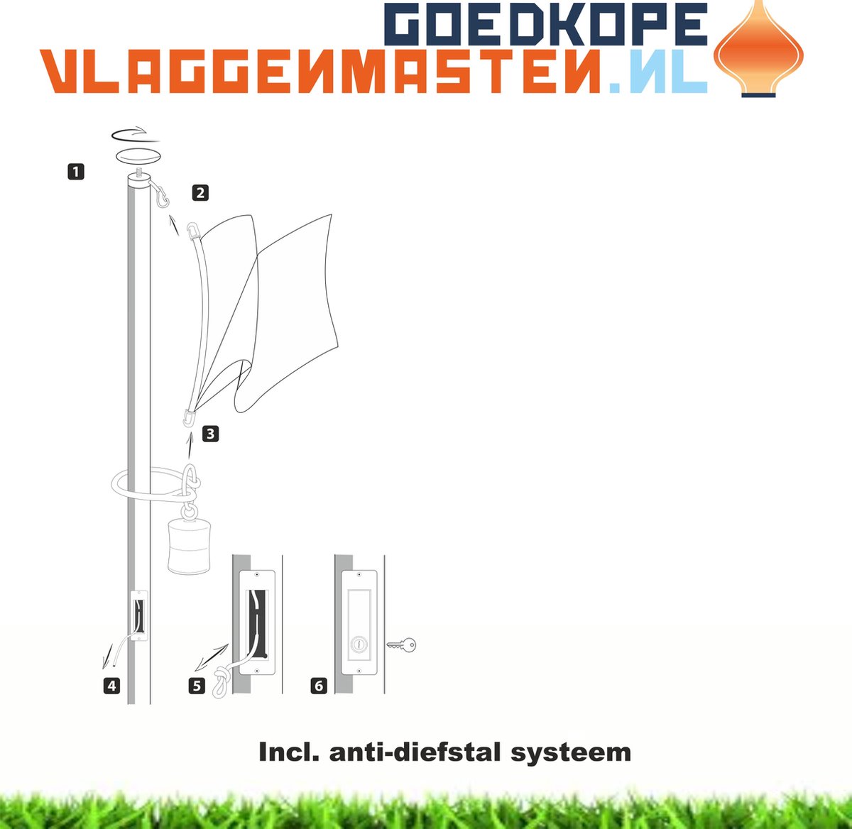 Vlaggenmast wit, 8 meter, diameter 85 mm. Aluminium clilindrisch, wit gecoat incl. anti-diefstal systeem met cilinderslot, oranje knop en contra-gewicht, zonder grondbevestiging. Type BASIC SAFE 8508W2 - goedkope-vlaggenmasten.nl