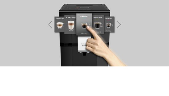 Vinger selecteert 'Espresso' op het scherm van de zwarte Krups Intuition Preference volautomatische espressomachine.