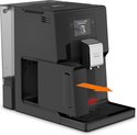 Zwarte Krups Intuition volautomatische espressomachine met verwijderd koffiedikbakje, rode indicator.