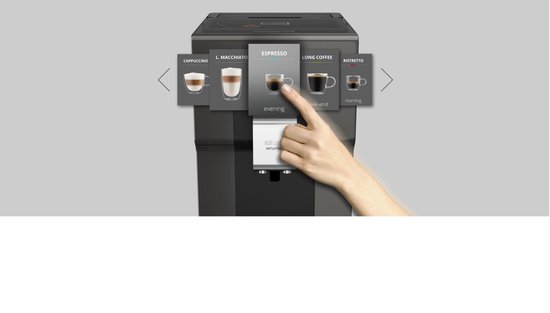 Vinger selecteert 'ESPRESSO' op het touchscreen van de Krups Intuition.