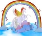 Verjaardagskaart witte Eenhoorn met regenboog Felicitatie  pop up wenskaart