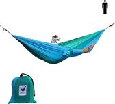 MoreThanHip (Reis)hangmat Single Ocean - Blauw/groen/turkoois - 1 Persoons hangmat van lichtgewicht parachutestof met opbergzak - Ligoppervlak 260 x 145 cm - Lengte 290 cm - voor tuin, camping en vakantie