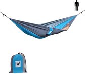 MoreThanHip (Reis)hangmat XXL Relaxzz - Grijs/blauw - 1 Persoons hangmat van lichtgewicht parachutestof met opbergzak - Ligoppervlak 260 x 145 cm - Lengte 290 cm - voor tuin, camping en vakantie