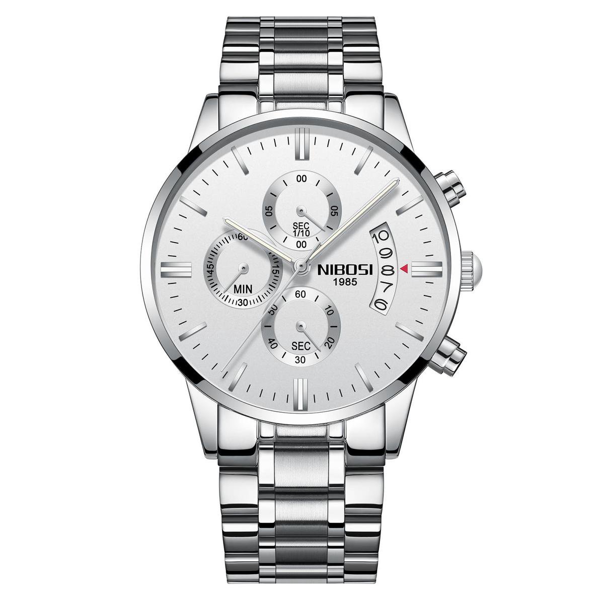 NIBOSI Horloges voor mannen - Horloge mannen – Luxe Zilver/Wit Design - Heren horloge - Ø 42 mm – Zilver/Wit - Roestvrij Staal - Waterdicht tot 3 bar - Chronograaf - Geschenkset met verstelbare pin