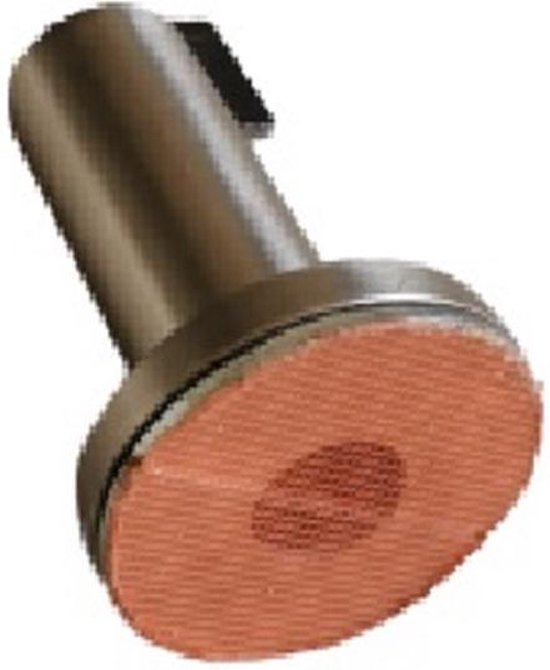 Zilverkleurige magnetische deurstopper met een ronde, bruine plakstrip op de onderkant. De bovenkant heeft een rechthoekige grendel.