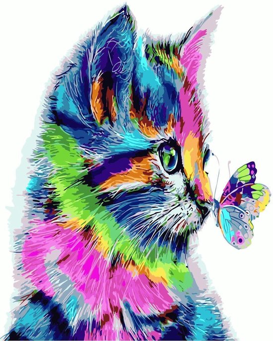 YEESAM ART Doe-het-zelf schilderen op nummer voor volwassenen, beginnende kinderen, abstracte kleurrijke kat dier 40 x 50 cm linnen canvas acryl stress minder nummer schilderij geschenken (kat, met