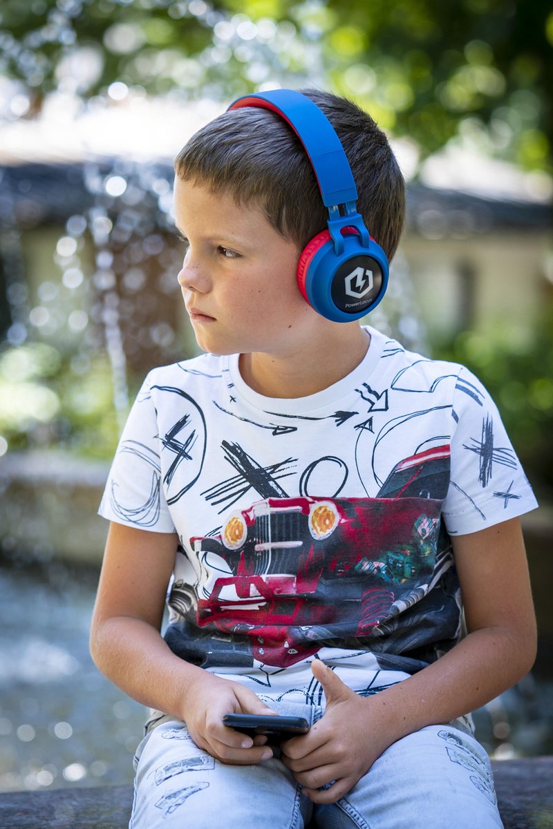 PowerLocus Buddy Draadloze On-Ear Koptelefoon voor Kinderen, LED lampjes, 85db Limiet, met Microfoon, Micro SD poort - Blauw/Rood – foto 2