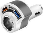 DrPhone CAR12 Multi Functionele Auto Lader – USB C / Qualcomm 3.0 / USB A Poorten + Sigaretten Aansteker Socket & Hamerfunctie - Wit