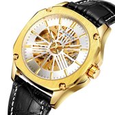 Winner® Horloges voor Mannen Skeleton Herenhorloge Jongens Heren Watch Horloge – Lederen Band – Automatisch Watchwinder - Automatic Horloges – Waterafstotend – Cadeau Giftbox – Zwart Goud Wit