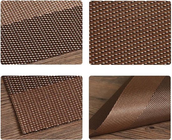Vier close-ups van bruine placemats die de geweven textuur en het patroon laten zien.