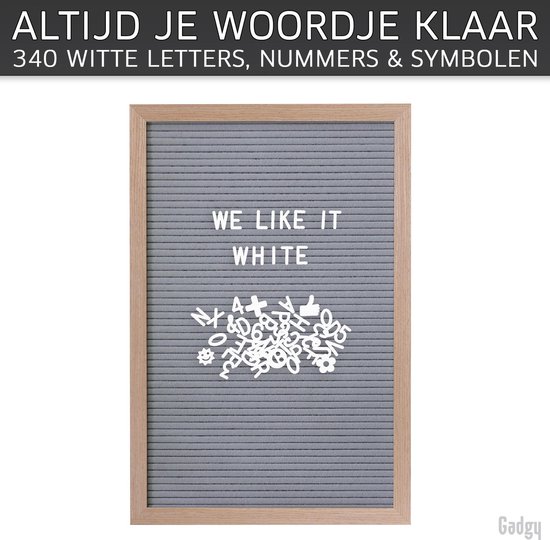 Gadgy Letter board gris feutre - 30x45cm - 170 blanc, 170 or brillant, 170 lettres argent brillant etc. - 100 icônes blanches - 4 punaises - lettres de sac de rangement etc.