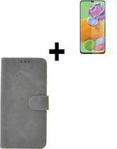 Samsung Galaxy A41 hoes Effen Wallet Bookcase Hoesje Cover Grijs + Tempered Gehard Glas / Glazen screenprotector Pearlycase