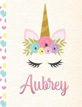 Aubrey: Personalized Unicorn Primary Handwriting Notebook For Girls With Pink Name - Dotted Midline Handwriting Practice Paper