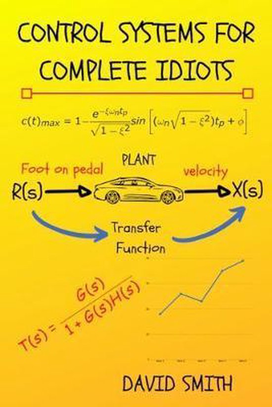 Control Systems for Complete Idiots. Un schéma représentant une voiture, pied sur l'accélérateur, avec formules et graphiques. Écrit par David Smith.