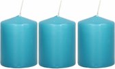 3x Turquoise blauwe cilinderkaarsen/stompkaarsen 6 x 8 cm 29 branduren - Geurloze kaarsen turkoois blauw - Woondecoraties
