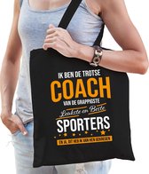 Trotse coach van de beste sporters katoenen cadeau tas voor dames - zwart - verjaardag - kado cadeau tas voor coaches