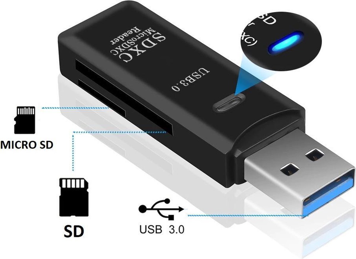 SD Kaart lezer & Micro-SD kaart lezer (2-in-1) - USB 3.0 - Zwart - Micro SDHC - Voor Apple, Windows en TV - SD Reader -  TF kaart - Merkloos