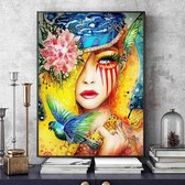 Allernieuwste Canvas Schilderij Kleurrijke Vrouw met Bloemen en Vogel - Modern - Poster - Dieren - 60 x 80 cm - Kleur